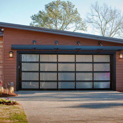 bronze or black metal and glass garage door
