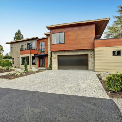 modern two tone garage door with tinted glass