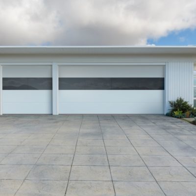modern white garage door with one long window