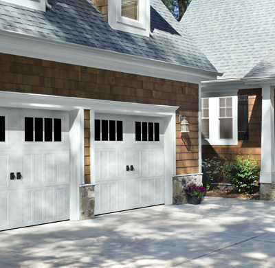 white farmhouse style garage door with windows by amarr