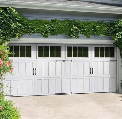 short vertical panels on a steel two car garage door by amarr