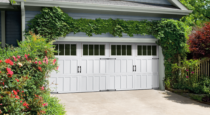 short vertical panels on a steel two car garage door by amarr