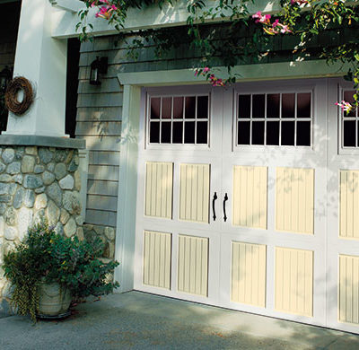 two tone white and yello bead board steel garage door by amarr