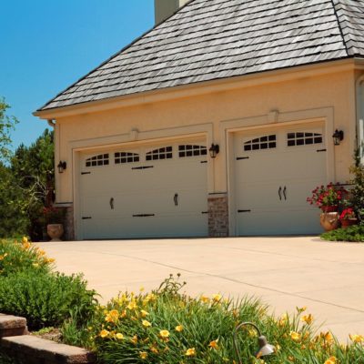 stamped carriage house garage door clay by chi overhead