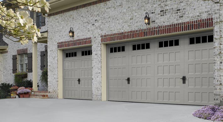 grey raised short panel steel carriage house garage doors by amarr