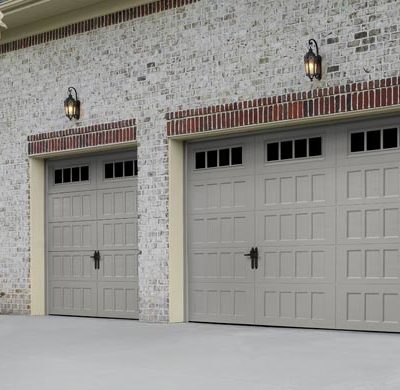 grey raised short panel steel carriage house garage door by amarr