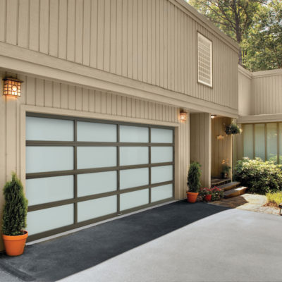 Amarr Vista full view modern garage door in bronze with whiteout glass