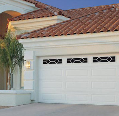 long panel garage door with decorative windows by amarr