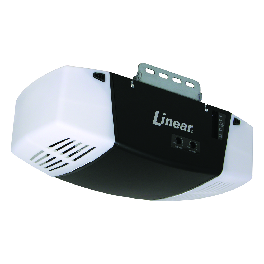 black linear garage door opener model lco75 in black with two lights.