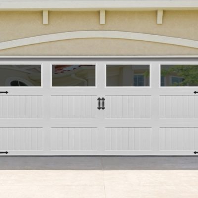 white overhead impression steel garage door with larger windows and larger panels