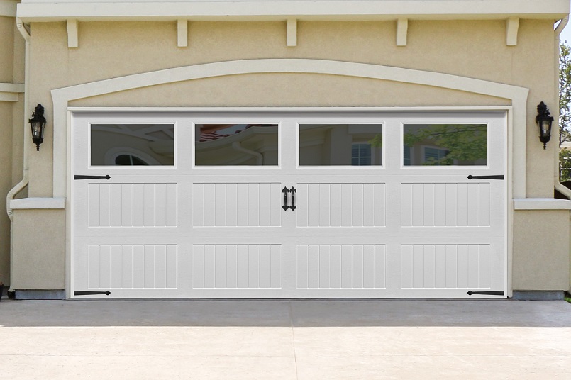 white overhead impression steel garage door with larger windows and larger panels