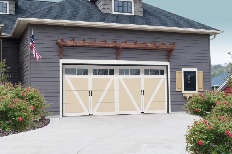 overhead courtyard wind load garage door with classic carriage house design