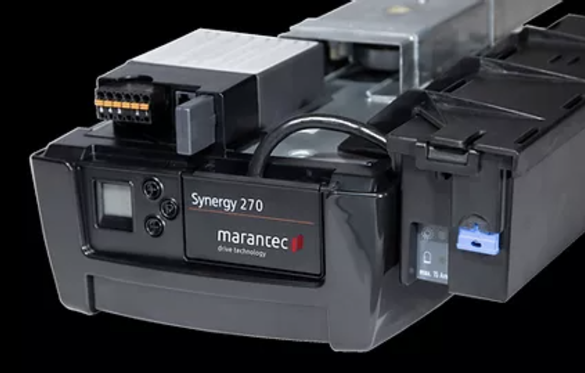 Photo of marantec synergy 270 garage door system with battery backup.