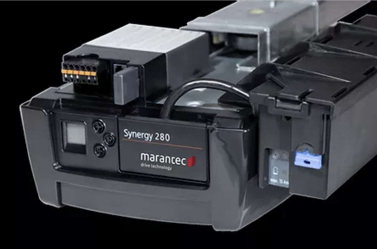 Photo of marantec synergy 280 garage door opener with backup battery.