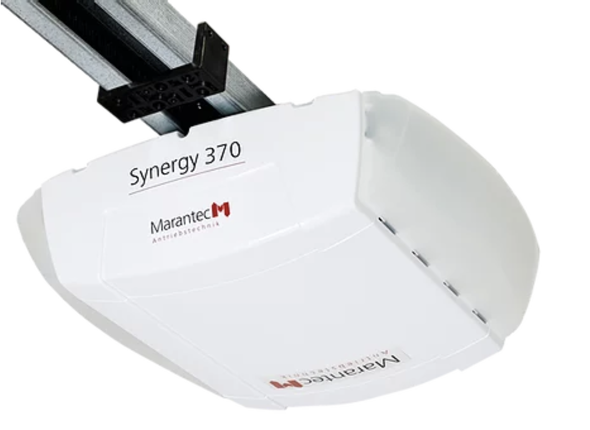 Photo of the marantec 370 garage door opener in white.