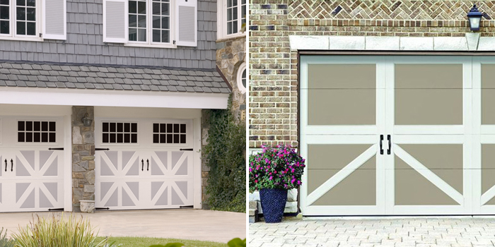Side-by-side photos of Amarr Classica garage doors and Amarr Carriage Court garage doors.
