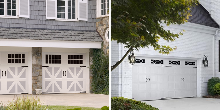 Side-by-side photos of Amarr Classica garage doors vs Amarr Designer's Choice garage doors.
