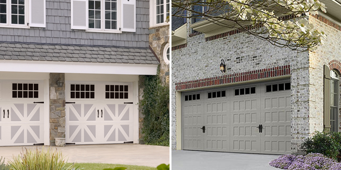 Side-by-side photos of Amarr's Classica (left) garage door and Heritage (right) garage door.