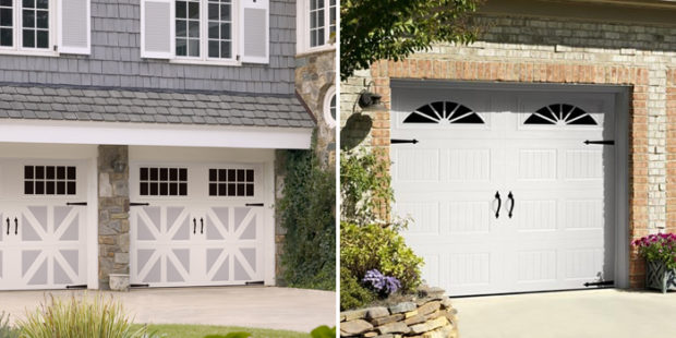 Side-by-side photos of Amarr garage doors. On the left is an Amarr Classica garage door and on the right an Amarr Hillcrest garage door