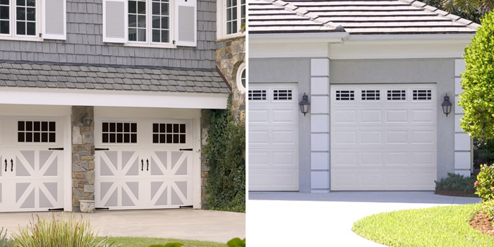 Side-by-side photos of Amarr Classica garage doors and Amarr Lincoln garage doors