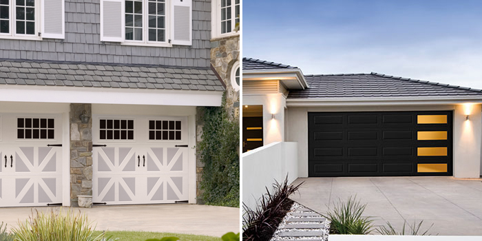 Side-by-side images of Amarr garage doors. On the left is an example of Amarr Classica garage doors and on the right an example of Amarr Olympus garage doors.
