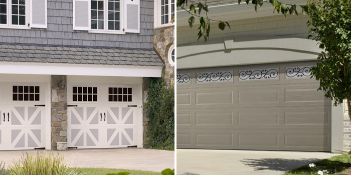 Side-by-side photos of Amar Classica (left) garage doors and Amarr Stratford (right) garage doors.