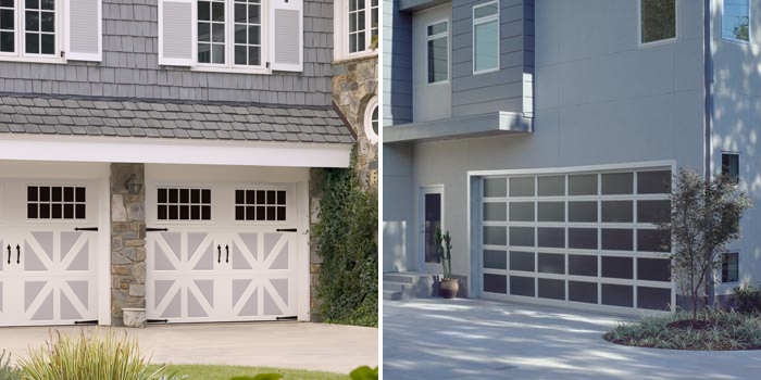 Two photos on the left is an example of Amarr Classica garage doors and on the right an example of Amarr Vista garage doors