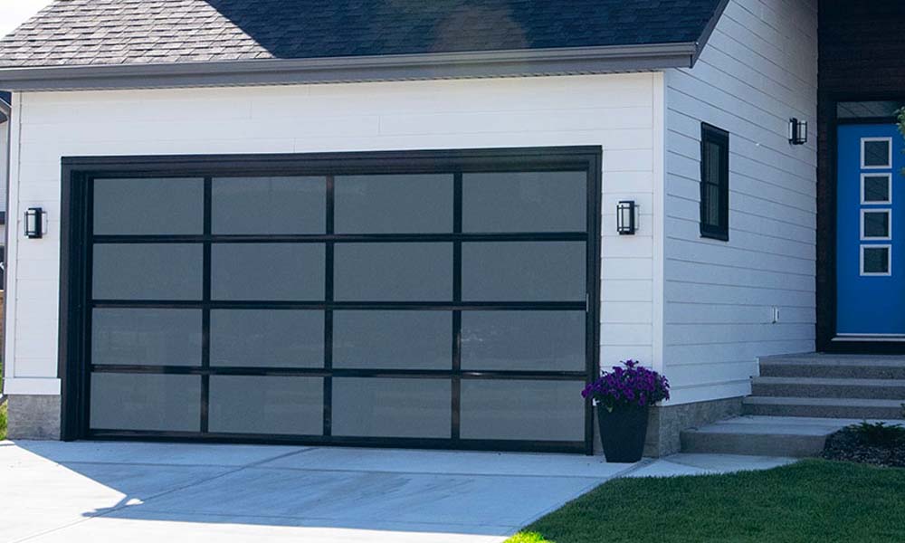 Two-car garage door with glass panels from Wayne Dalton.