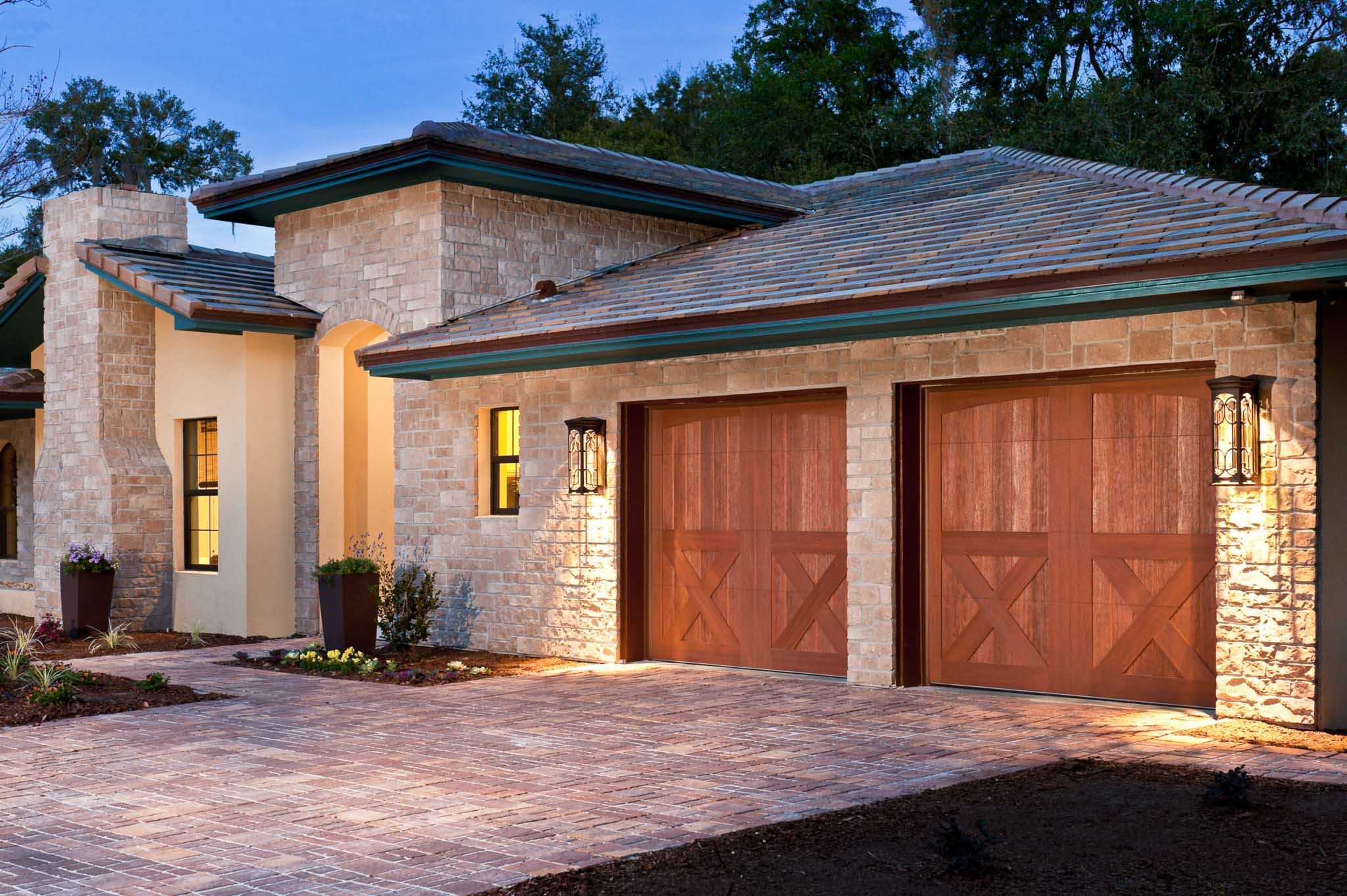 8x7 carriage house wood garage doors with x bottom panels