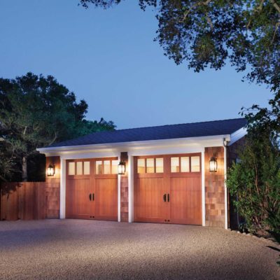 8x7 clear wood carriage house garage doors with glass