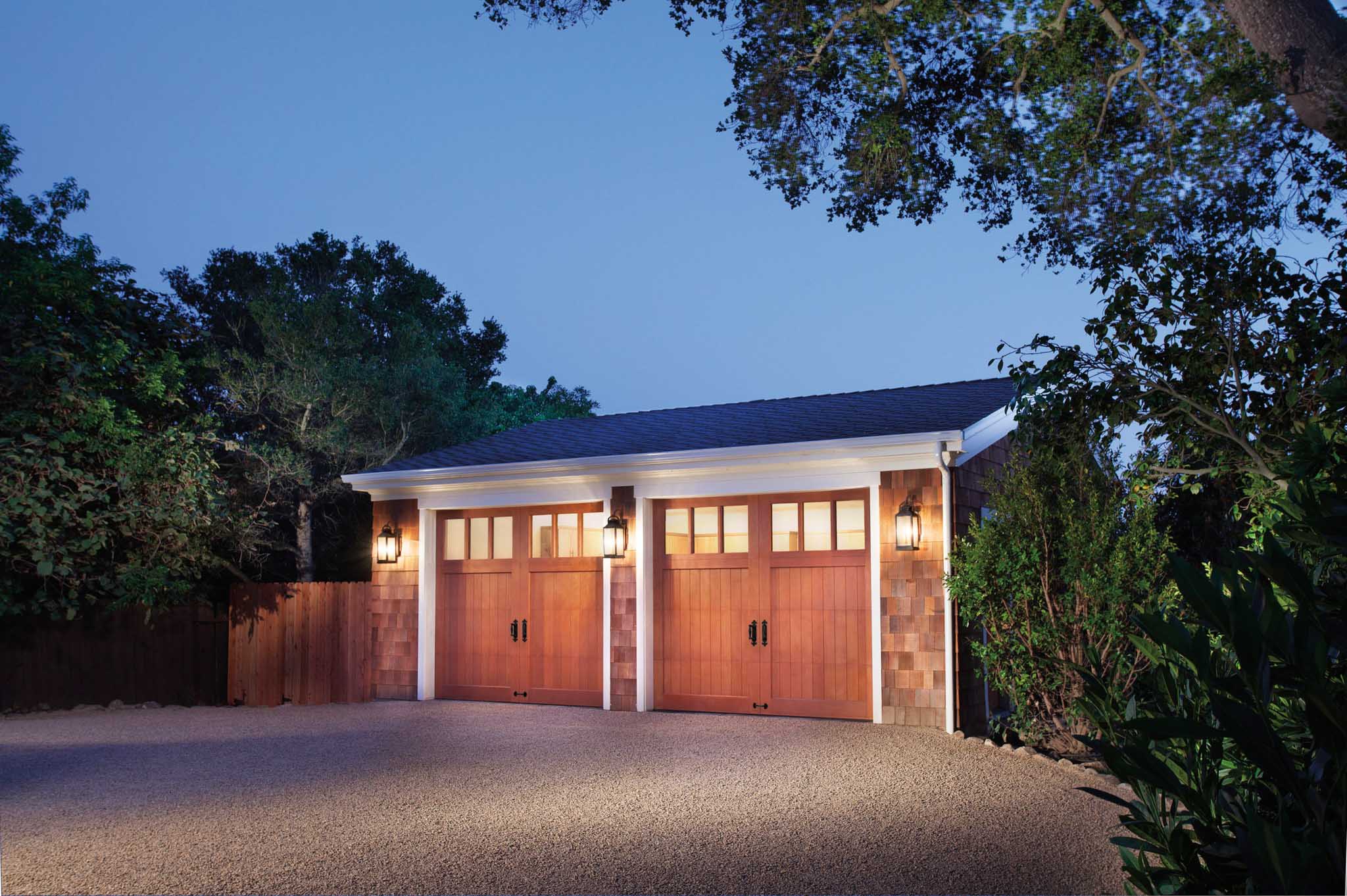 8x7 clear wood carriage house garage doors with glass