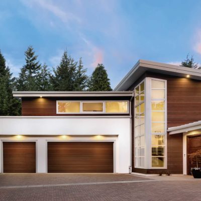 horizontal plank mahogany look garage door