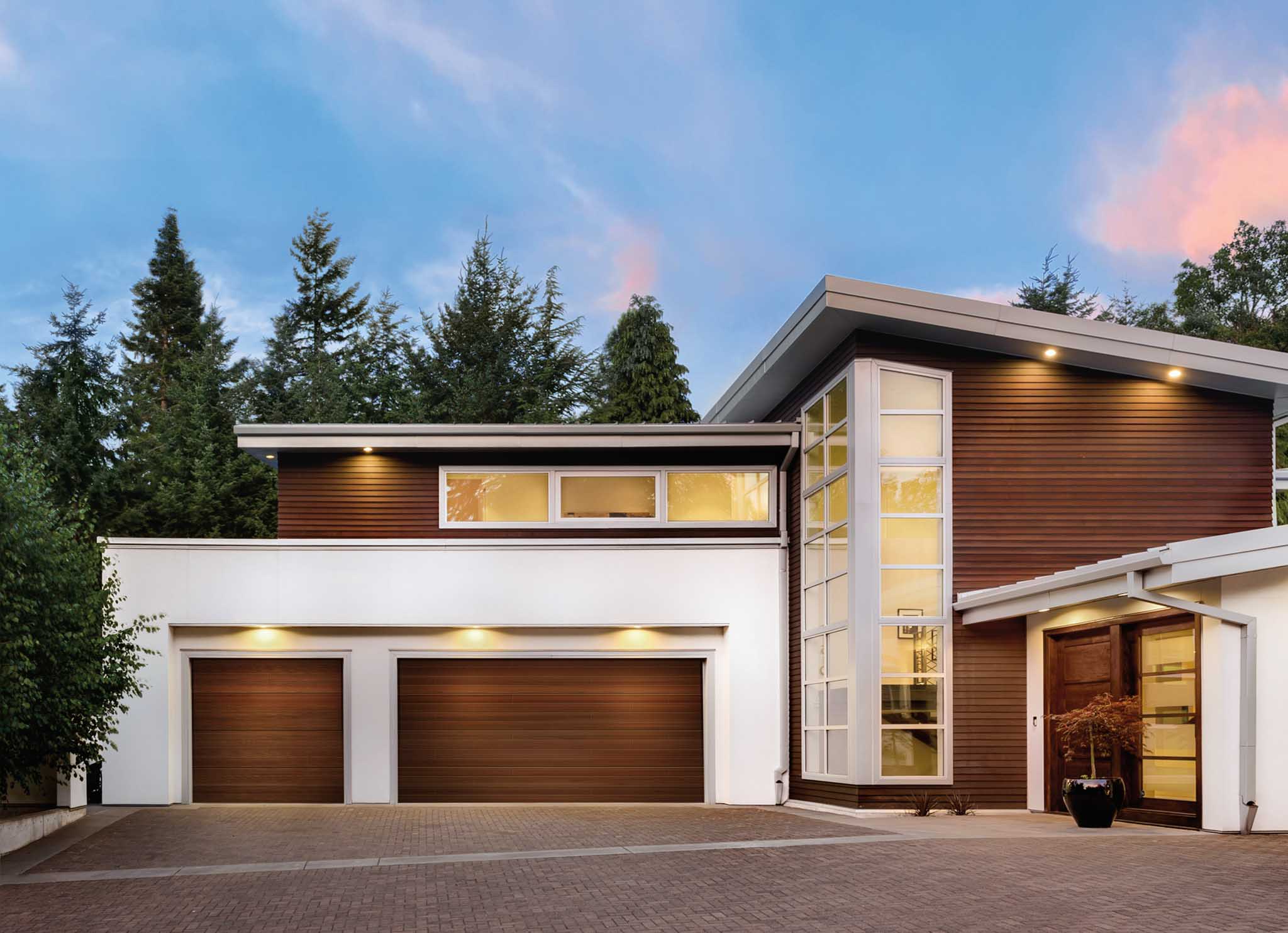 horizontal plank mahogany look garage door