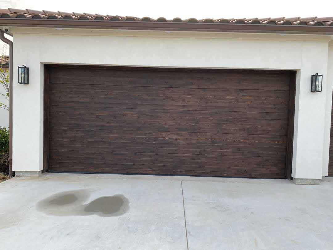 stained double car garage door