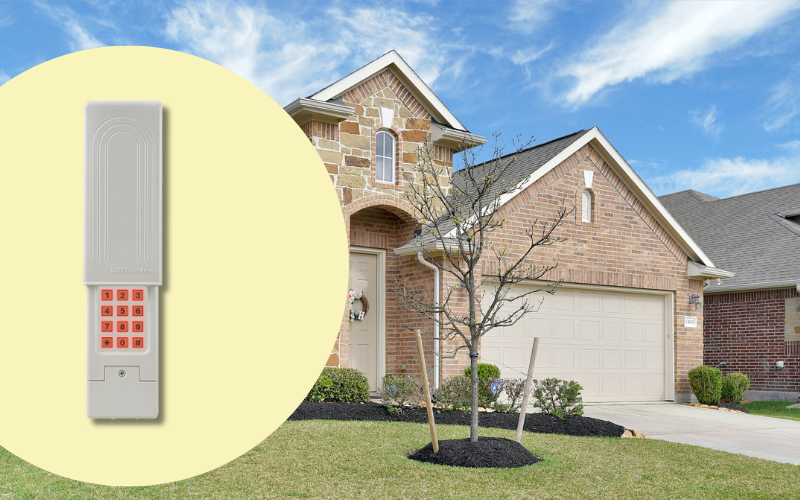 Photo of a suburban single story brick house with attached garage and a graphic of a circle with a garage door keypad in the circle.