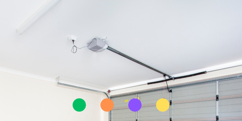 Garage door opener with four color circles at the bottom of the image—green, orange, purple, yellow.
