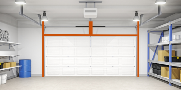 Illustration of the interior view of a garage door with orange lines showing where the framing looks like a goal post.