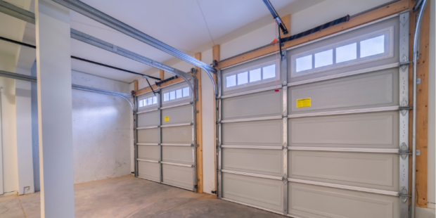 Interior view of garage doors with door padding or framing.