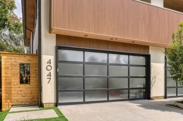 16x8 amarr vista full-view garage door in black with obscure glass